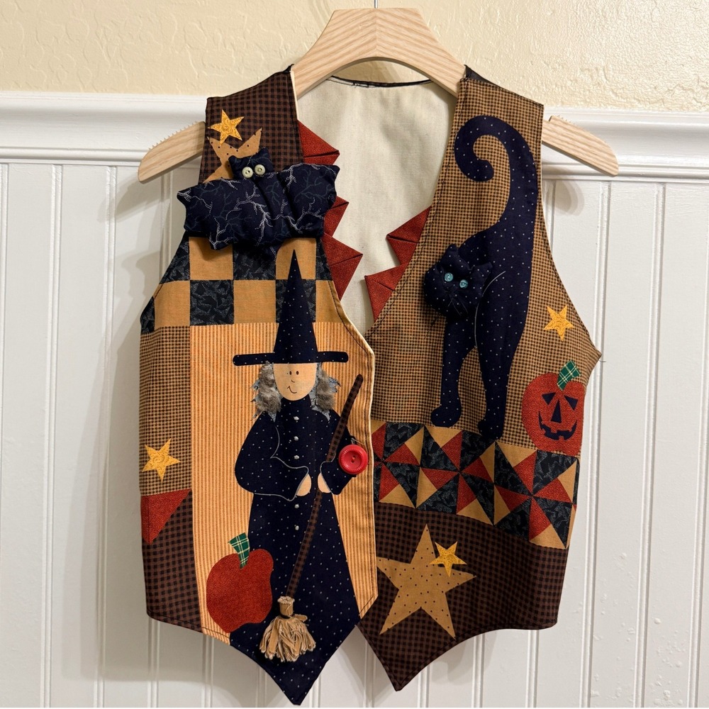 Handmade Vintage Whimsy Halloween Witch Cat Bat Patchwork Vest,Orange Black, M